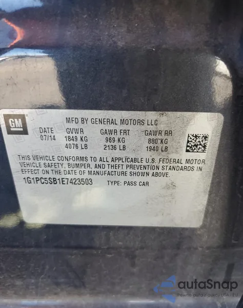 2014 Chevrolet Cruze Lt from USA, damaged, VIN 1G1PC5SB1E7423503
